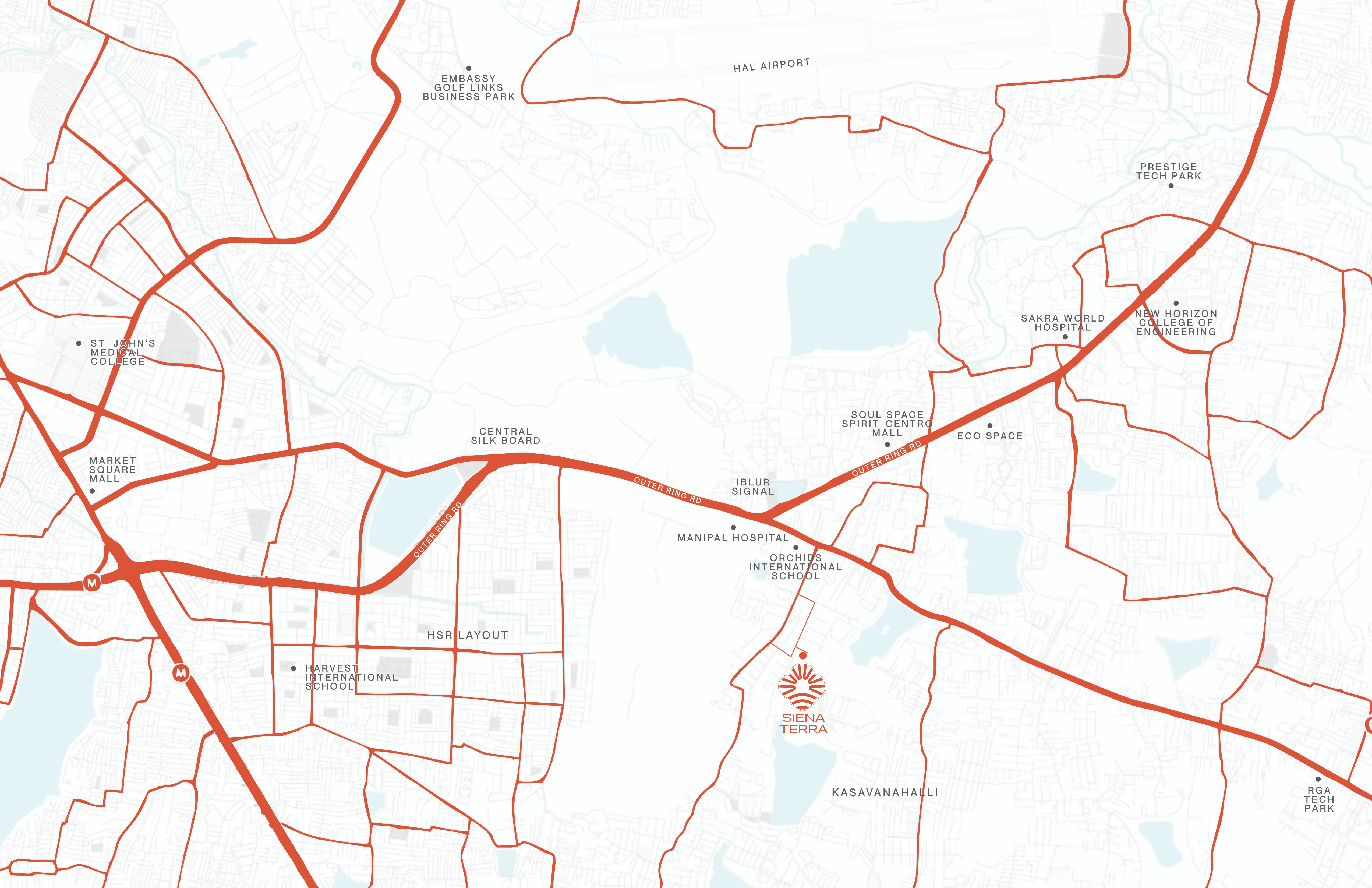 Locality map showing Siena Terra in Kasavanahalli, between Outer Ring Road, Iblur Signal and Central Silk Board, with Manipal Hospital, Orchids International School and Sarjapur-road tech parks nearby