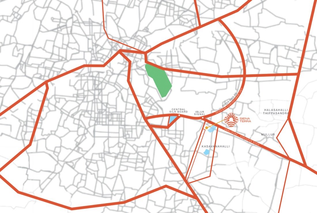 Map showing Siena Terra near Central Silk Board, Iblur and Kasavanahalli
