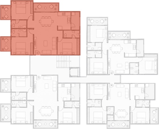 Floor key plan with Unit 1 highlighted